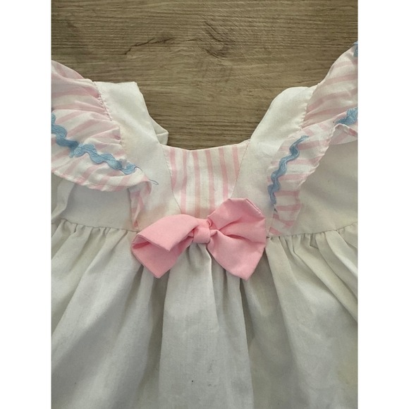 Vintage 80s Pink & White Striped Cat Applique Ruffle Dress | 3T | Ric Rac Trim - Picture 3 of 5